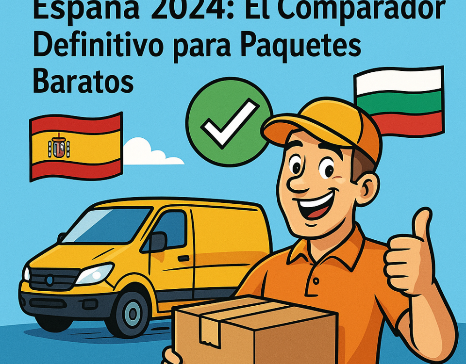 Ilustración cómic de NXTP.es mostrando un repartidor sonriente con un paquete, una furgoneta amarilla, banderas de España y Bulgaria y un check verde.