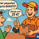 Cómic promocional de NXTP.es mostrando a un cliente preguntando por envíos baratos a Bulgaria y un repartidor respondiendo con precio desde 25 €, con furgoneta y banderas de España y Bulgaria al fondo.