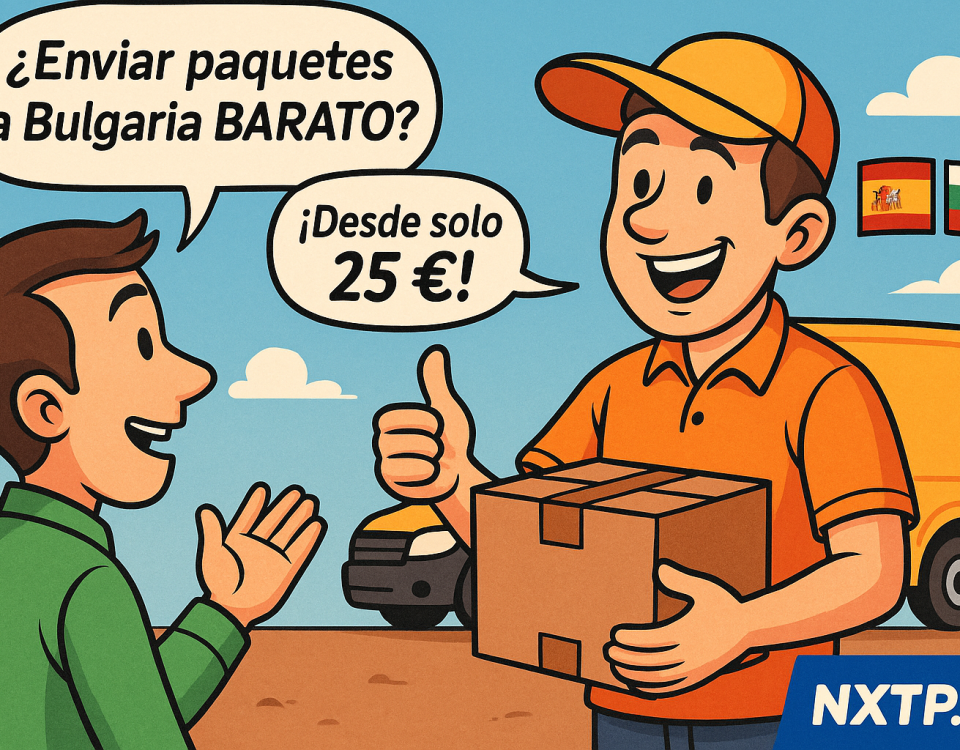 Cómic promocional de NXTP.es mostrando a un cliente preguntando por envíos baratos a Bulgaria y un repartidor respondiendo con precio desde 25 €, con furgoneta y banderas de España y Bulgaria al fondo.
