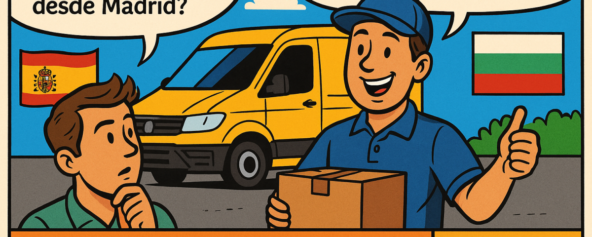 Cómic promocional de NXTP.es sobre precios de envíos a Bulgaria desde Madrid y Barcelona, con personaje preguntando y repartidor respondiendo, furgoneta amarilla y banderas de España y Bulgaria.