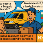 Cómic promocional de NXTP.es sobre precios de envíos a Bulgaria desde Madrid y Barcelona, con personaje preguntando y repartidor respondiendo, furgoneta amarilla y banderas de España y Bulgaria.