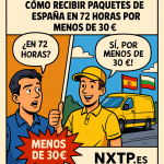 Ilustración estilo cómic con dos viñetas mostrando a un hombre sorprendido preguntando “¿En 72 horas?” y a un repartidor respondiendo “¡Sí, por menos de 30 €!”, con furgoneta amarilla y banderas de España y Bulgaria.