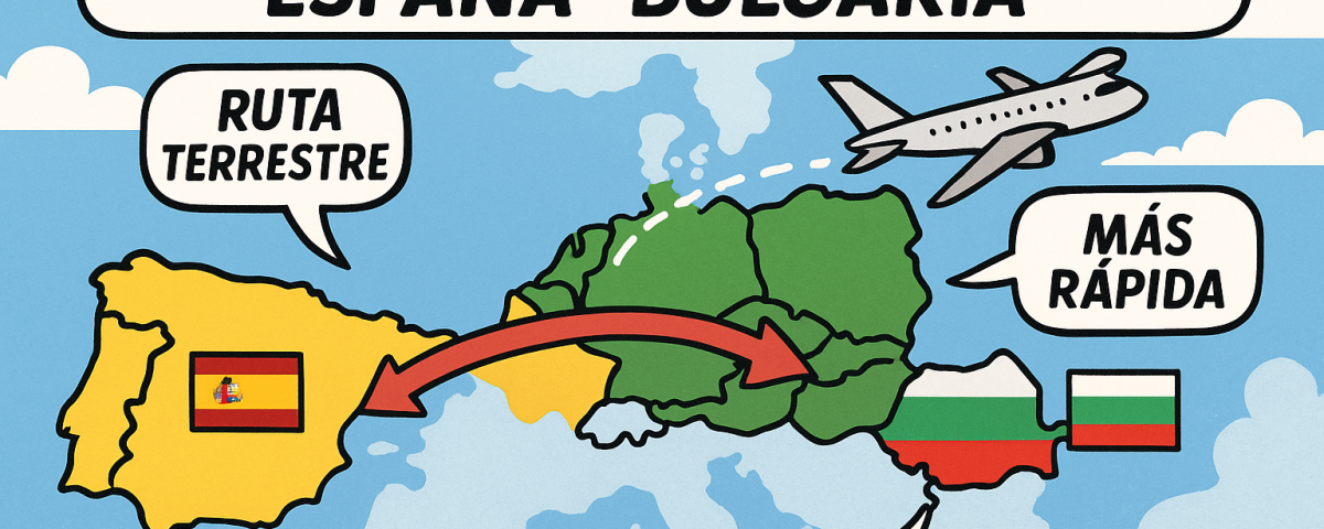 Ilustración estilo cómic con mapa que conecta España y Bulgaria, mostrando una furgoneta en ruta terrestre y un avión en ruta aérea, con globos de diálogo que resaltan ventajas y costos.