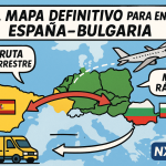 Ilustración estilo cómic con mapa que conecta España y Bulgaria, mostrando una furgoneta en ruta terrestre y un avión en ruta aérea, con globos de diálogo que resaltan ventajas y costos.