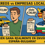 Ilustración estilo cómic comparando precios de envío entre Correos y NXTP.es para España–Bulgaria.