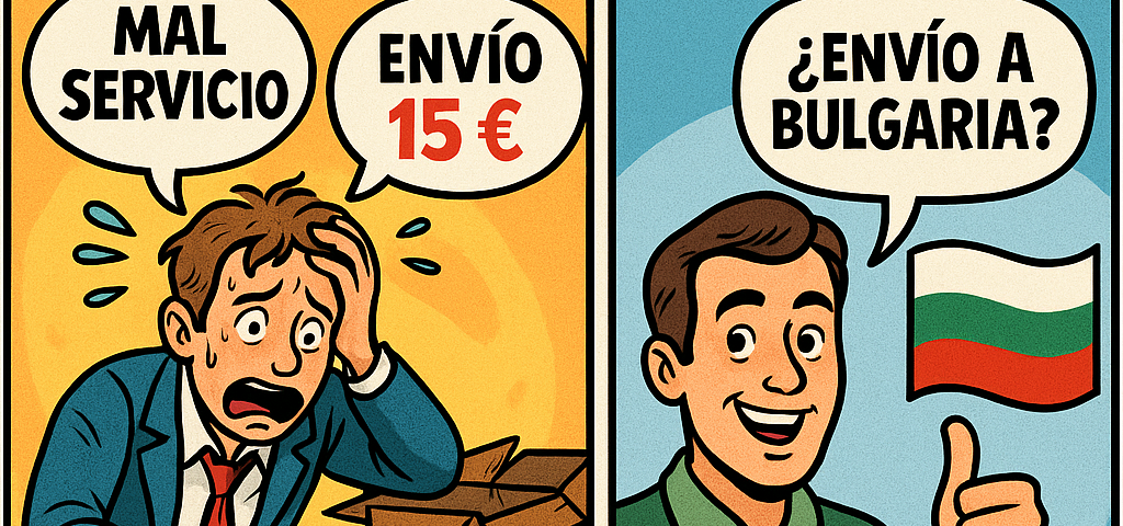 Cómic de tres viñetas que compara un mal transportista a Bulgaria con NXTP.es, destacando un precio trampa de 15 €.