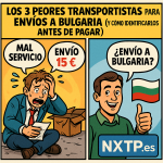Cómic de tres viñetas que compara un mal transportista a Bulgaria con NXTP.es, destacando un precio trampa de 15 €.