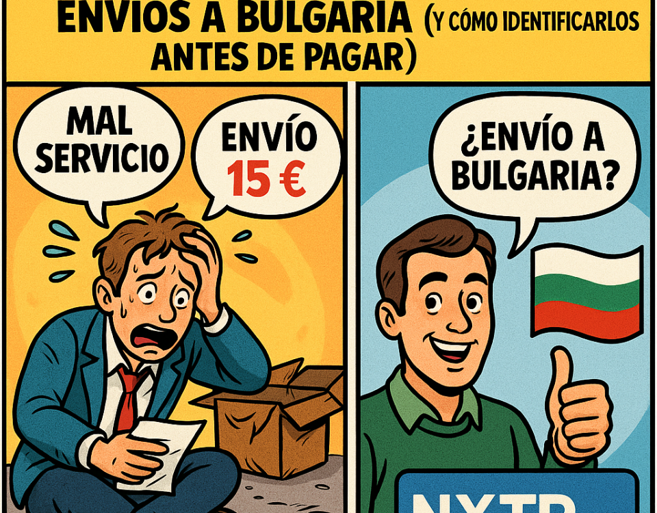 Cómic de tres viñetas que compara un mal transportista a Bulgaria con NXTP.es, destacando un precio trampa de 15 €.