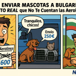 Cómic de tres paneles que compara el alto costo de enviar mascotas por aerolínea frente a la opción más económica de NXTP.es para transporte a Bulgaria.