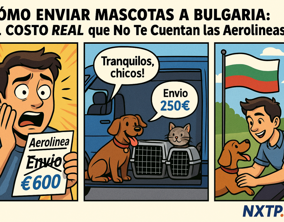 Cómic de tres paneles que compara el alto costo de enviar mascotas por aerolínea frente a la opción más económica de NXTP.es para transporte a Bulgaria.