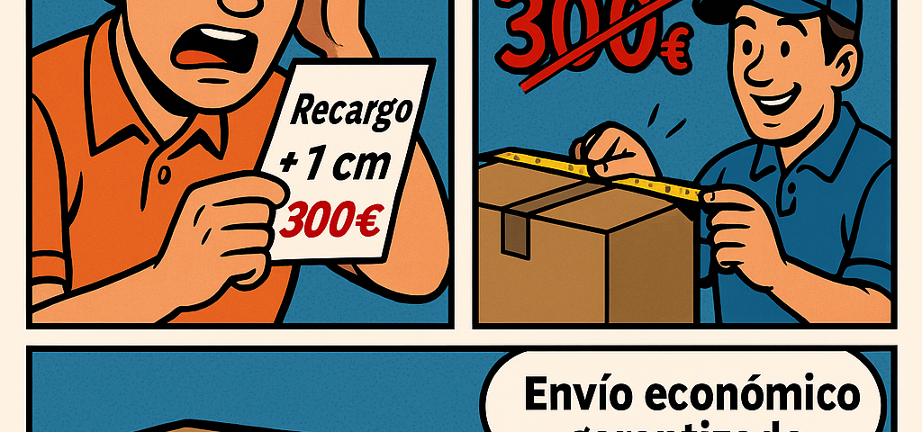 Cómic de tres viñetas mostrando cómo evitar un recargo de 300 € por 1 cm extra en paquetes XL enviados a Bulgaria.