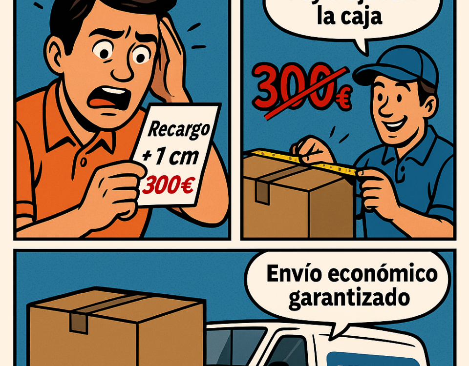 Cómic de tres viñetas mostrando cómo evitar un recargo de 300 € por 1 cm extra en paquetes XL enviados a Bulgaria.