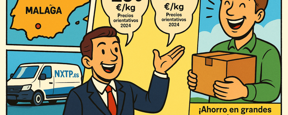 Cómic en tres paneles mostrando precios orientativos por kilo para envíos a Bulgaria desde Málaga y Valencia con NXTP.es.