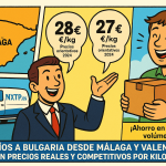 Cómic en tres paneles mostrando precios orientativos por kilo para envíos a Bulgaria desde Málaga y Valencia con NXTP.es.
