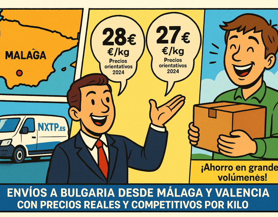 Cómic en tres paneles mostrando precios orientativos por kilo para envíos a Bulgaria desde Málaga y Valencia con NXTP.es.