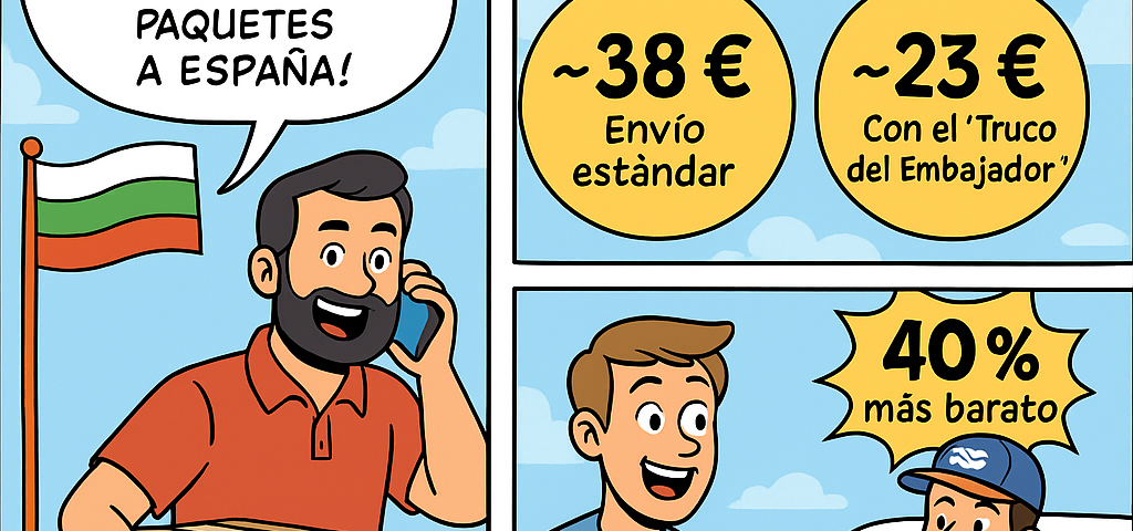 Cómic en tres paneles que explica el “Truco del Embajador” para enviar paquetes de Bulgaria a España un 40% más barato con NXTP.es.