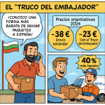 Cómic en tres paneles que explica el “Truco del Embajador” para enviar paquetes de Bulgaria a España un 40% más barato con NXTP.es.