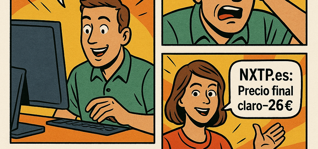 Cómic de tres viñetas que denuncia trampas de comparadores: 1) “Comparador X: desde 24 €”, 2) cliente sorprendido por el precio final más alto, 3) “NXTP.es: precio final claro ~26 €”. Aparece “Precios orientativos 2024” y el logo NXTP.es.