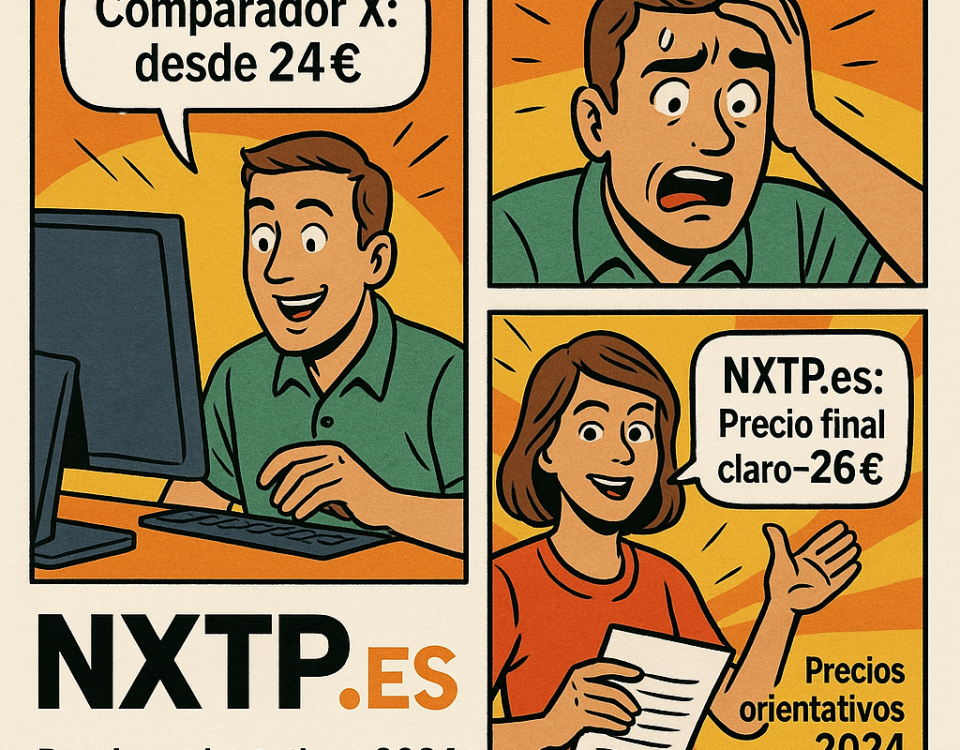 Cómic de tres viñetas que denuncia trampas de comparadores: 1) “Comparador X: desde 24 €”, 2) cliente sorprendido por el precio final más alto, 3) “NXTP.es: precio final claro ~26 €”. Aparece “Precios orientativos 2024” y el logo NXTP.es.