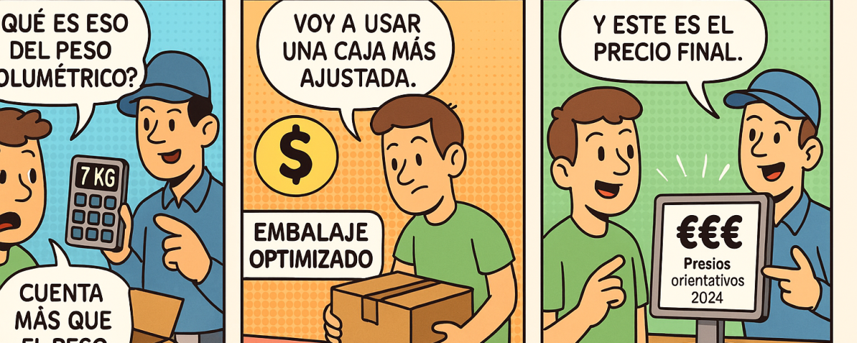Cómic de tres viñetas explicando el “peso fantasma” en envíos a Bulgaria. Viñeta 1: cliente confundido con peso volumétrico. Viñeta 2: embalaje optimizado reduce el coste. Viñeta 3: NXTP.es mostrando precio final claro.