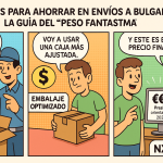 Cómic de tres viñetas explicando el “peso fantasma” en envíos a Bulgaria. Viñeta 1: cliente confundido con peso volumétrico. Viñeta 2: embalaje optimizado reduce el coste. Viñeta 3: NXTP.es mostrando precio final claro.