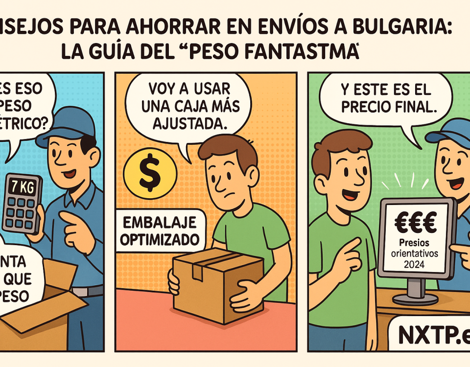 Cómic de tres viñetas explicando el “peso fantasma” en envíos a Bulgaria. Viñeta 1: cliente confundido con peso volumétrico. Viñeta 2: embalaje optimizado reduce el coste. Viñeta 3: NXTP.es mostrando precio final claro.