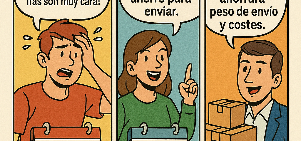 Cómic con tres viñetas que muestran picos de demanda, ventanas de ahorro y consejos de NXTP.es para ahorrar en envíos a Bulgaria.