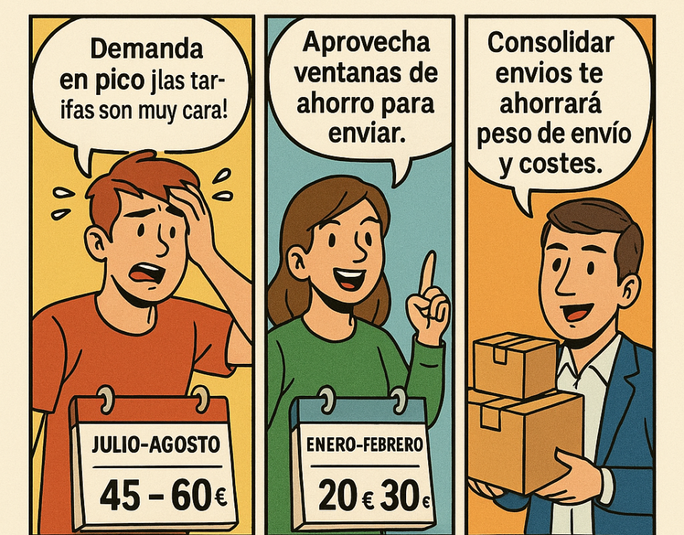 Cómic con tres viñetas que muestran picos de demanda, ventanas de ahorro y consejos de NXTP.es para ahorrar en envíos a Bulgaria.