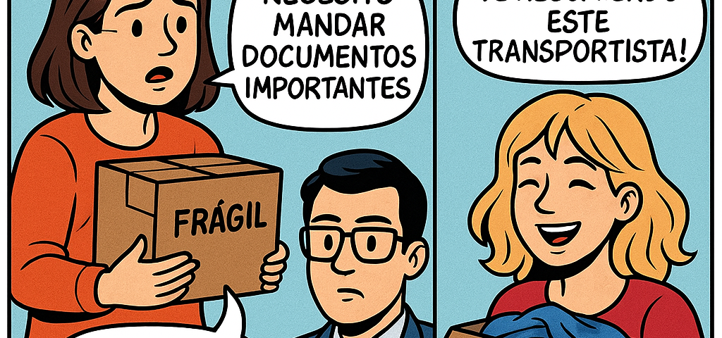 Cómic de tres viñetas mostrando a clientes con distintos tipos de paquetes (frágil, documentos, ropa) recibiendo recomendaciones personalizadas de NXTP.es.