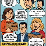 Cómic de tres viñetas mostrando a clientes con distintos tipos de paquetes (frágil, documentos, ropa) recibiendo recomendaciones personalizadas de NXTP.es.