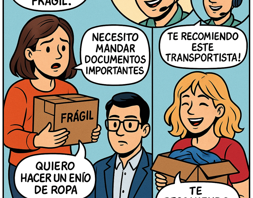 Cómic de tres viñetas mostrando a clientes con distintos tipos de paquetes (frágil, documentos, ropa) recibiendo recomendaciones personalizadas de NXTP.es.