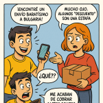 Cómic de 4 viñetas sobre “envíos baratos” a Bulgaria: 1) cliente ve “desde 24 €” en un comparador; 2) letra pequeña y recargos; 3) factura final más alta (~34 €); 4) alternativa NXTP.es con precio final claro (~26 €, precios orientativos 2024). Incluye banner inferior con logo NXTP.es, web y teléfonos +34 627 107 284 y +359 886 510 118.