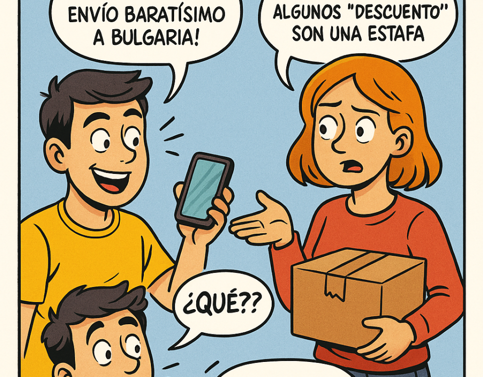Cómic de 4 viñetas sobre “envíos baratos” a Bulgaria: 1) cliente ve “desde 24 €” en un comparador; 2) letra pequeña y recargos; 3) factura final más alta (~34 €); 4) alternativa NXTP.es con precio final claro (~26 €, precios orientativos 2024). Incluye banner inferior con logo NXTP.es, web y teléfonos +34 627 107 284 y +359 886 510 118.