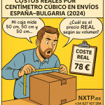 Ilustración estilo cómic mostrando una tabla comparativa de costos por centímetro cúbico en envíos España–Bulgaria con NXTP.es frente a otras empresas.