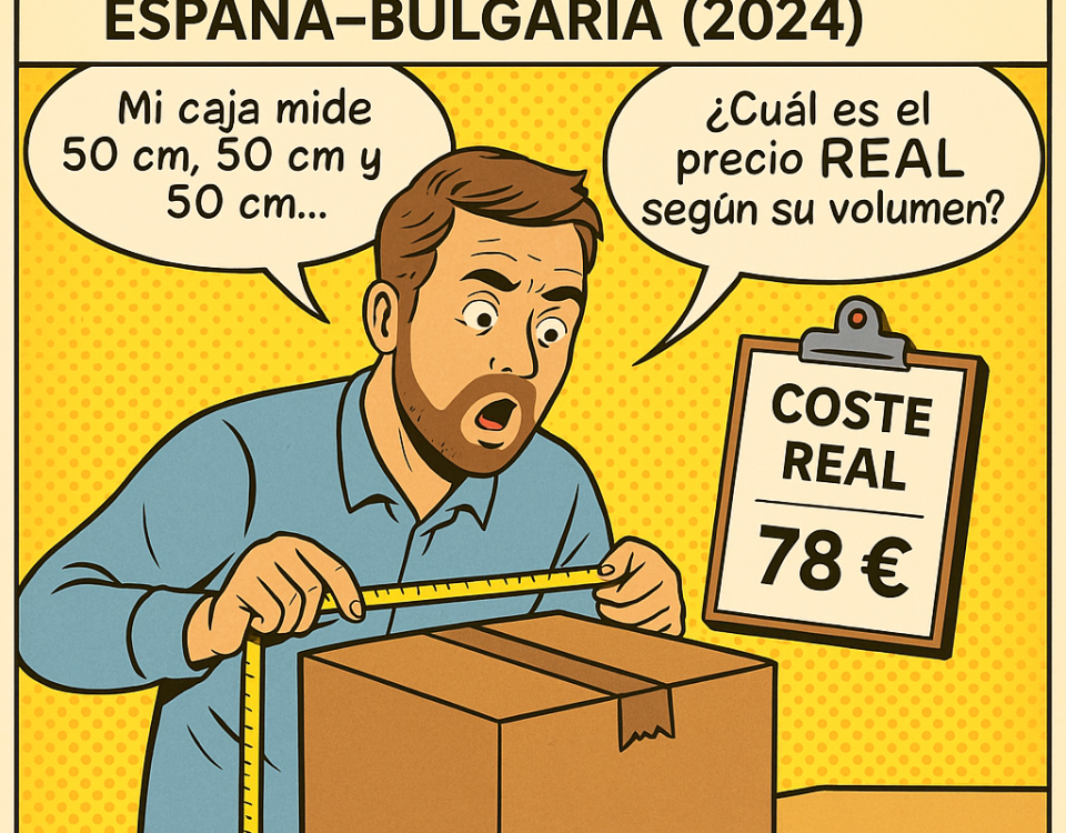 Ilustración estilo cómic mostrando una tabla comparativa de costos por centímetro cúbico en envíos España–Bulgaria con NXTP.es frente a otras empresas.