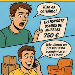 Ilustración estilo cómic sobre cómo enviar muebles usados a Bulgaria sin arruinarte con NXTP.es.