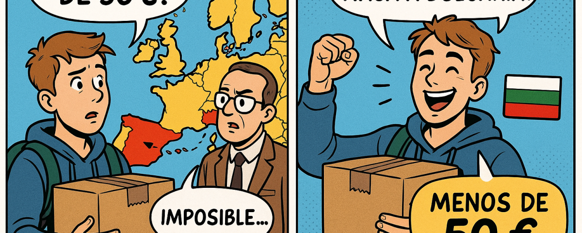 Cómic en dos viñetas mostrando a un estudiante sorprendido al descubrir que puede enviar un paquete a Bulgaria por menos de 50 € con NXTP.es.