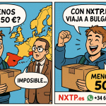 Cómic en dos viñetas mostrando a un estudiante sorprendido al descubrir que puede enviar un paquete a Bulgaria por menos de 50 € con NXTP.es.