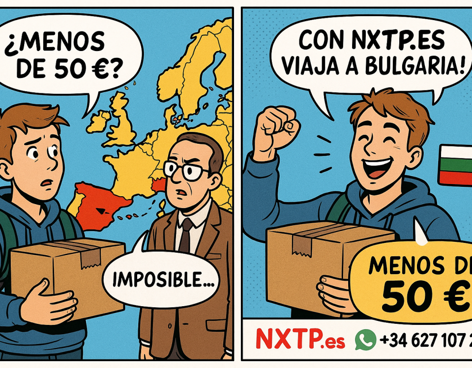 Cómic en dos viñetas mostrando a un estudiante sorprendido al descubrir que puede enviar un paquete a Bulgaria por menos de 50 € con NXTP.es.