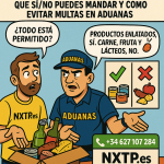 Ilustración estilo cómic mostrando qué alimentos se pueden o no enviar a Bulgaria para evitar multas en aduanas.