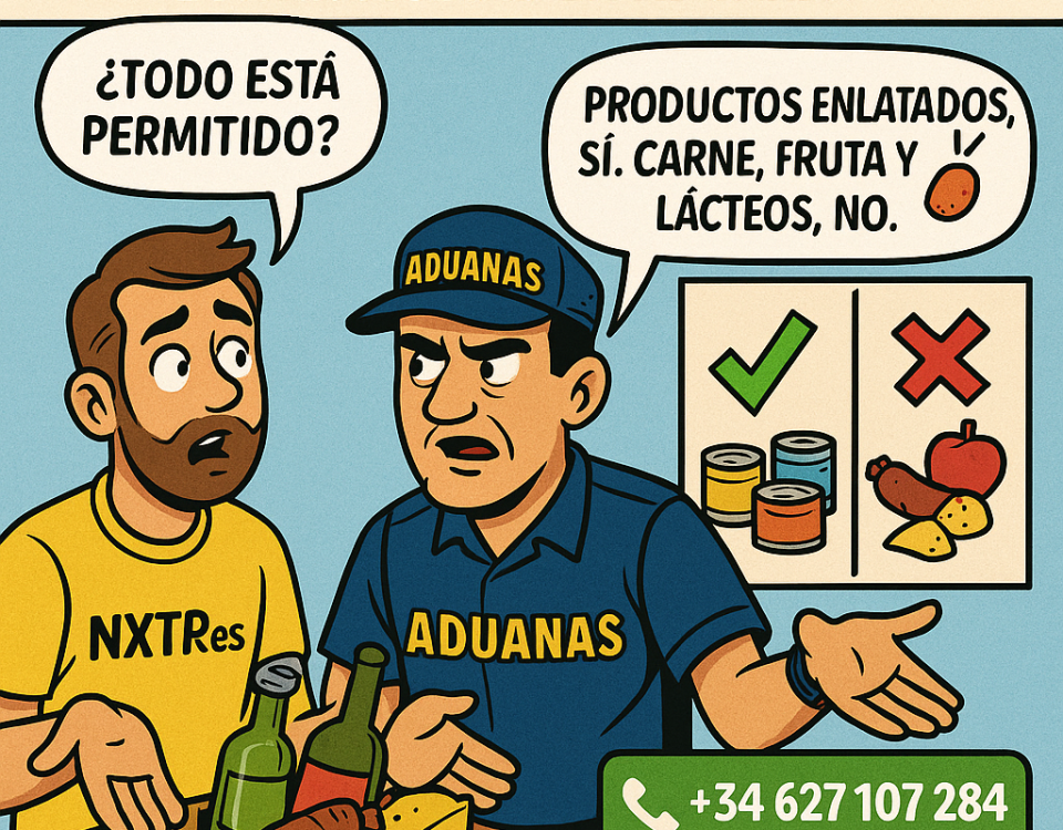 Ilustración estilo cómic mostrando qué alimentos se pueden o no enviar a Bulgaria para evitar multas en aduanas.