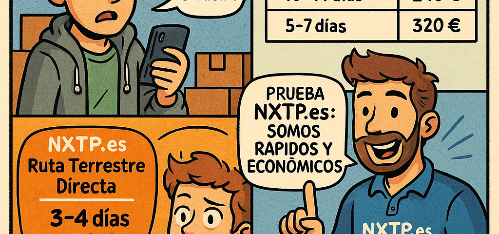 Ilustración estilo cómic mostrando comparativa de precios reales para mudanzas pequeñas de España a Bulgaria con NXTP.es como opción más económica.