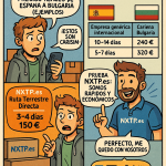 Ilustración estilo cómic mostrando comparativa de precios reales para mudanzas pequeñas de España a Bulgaria con NXTP.es como opción más económica.