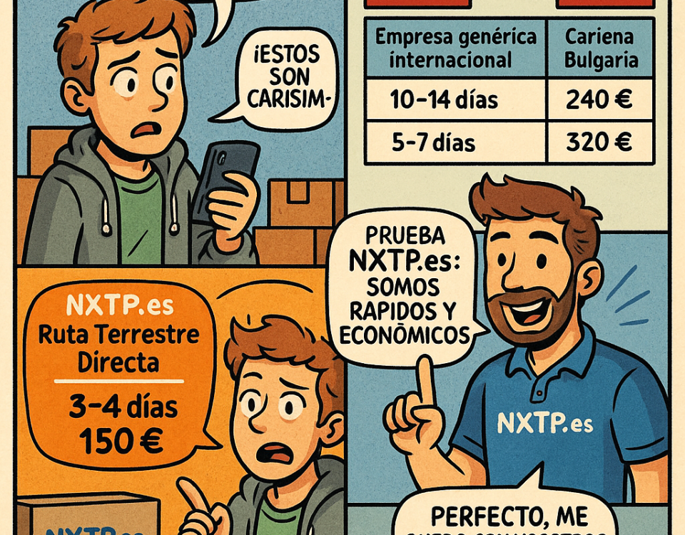 Ilustración estilo cómic mostrando comparativa de precios reales para mudanzas pequeñas de España a Bulgaria con NXTP.es como opción más económica.