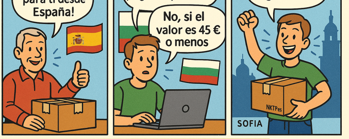 Ilustración estilo cómic mostrando el proceso de envío sin impuestos desde España a Bulgaria.