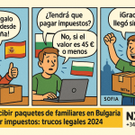 Ilustración estilo cómic mostrando el proceso de envío sin impuestos desde España a Bulgaria.