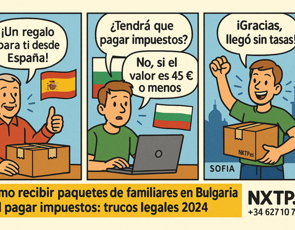 Ilustración estilo cómic mostrando el proceso de envío sin impuestos desde España a Bulgaria.