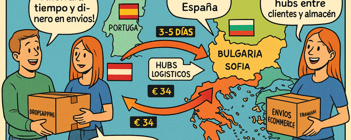 Cómic educativo sobre la estrategia de NXTP.es para reducir costos de envíos España–Bulgaria usando hubs logísticos.