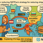 Cómic educativo sobre la estrategia de NXTP.es para reducir costos de envíos España–Bulgaria usando hubs logísticos.