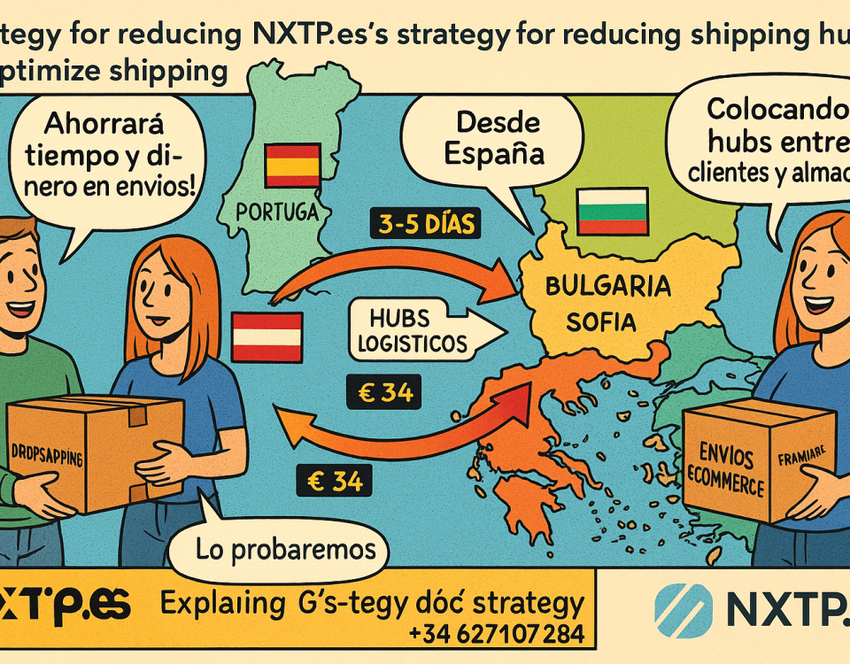 Cómic educativo sobre la estrategia de NXTP.es para reducir costos de envíos España–Bulgaria usando hubs logísticos.